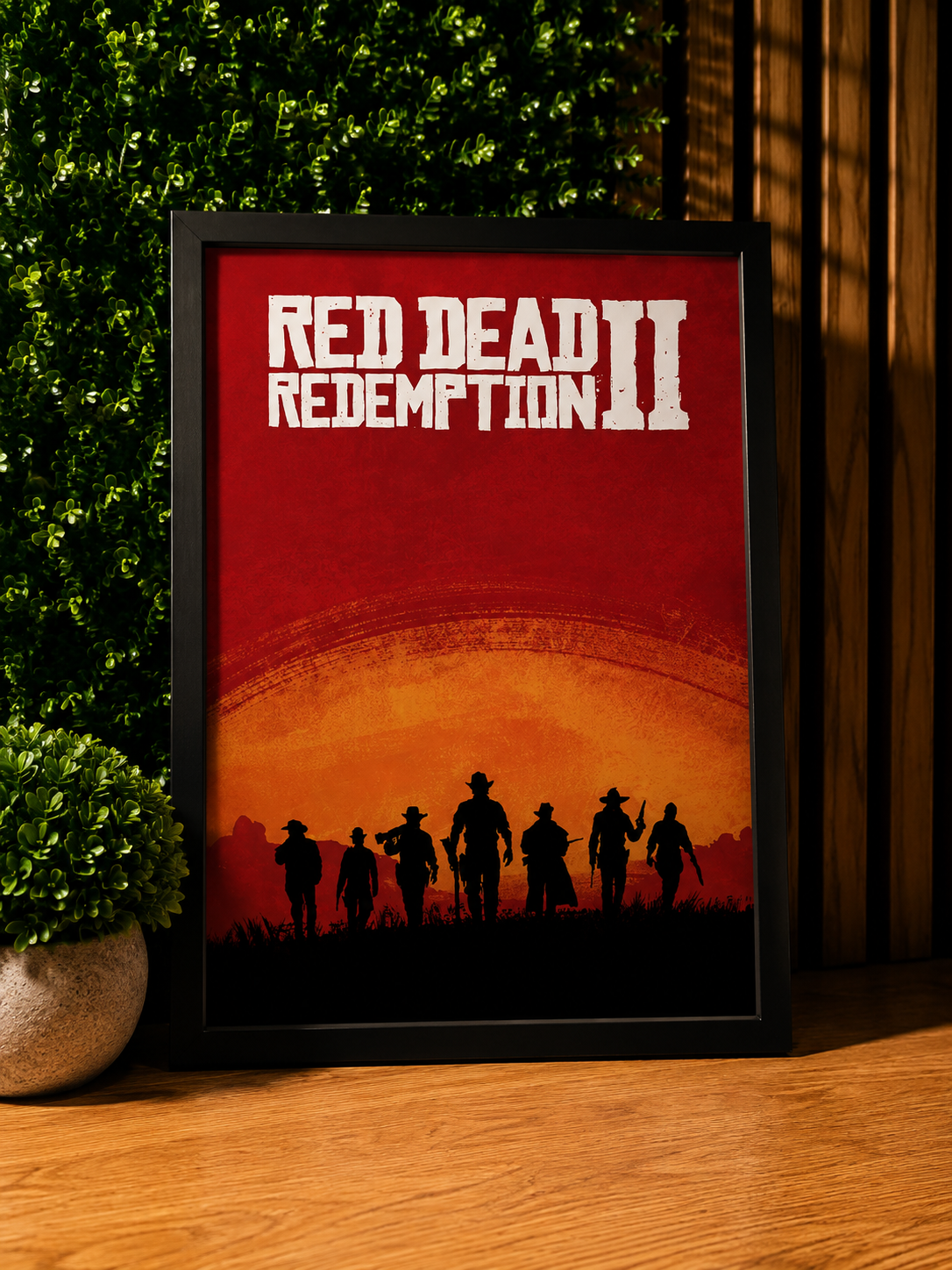 Cadre Affiche Red Dead Redemption 2 gang Van der Linde silhouettes coucher de soleil